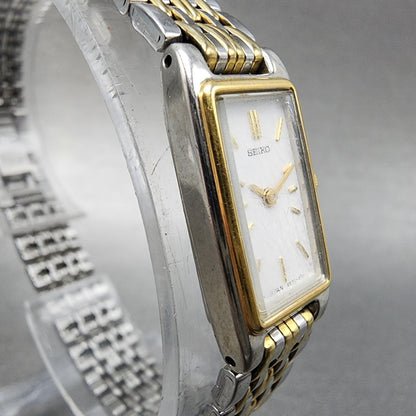 Seiko Tank Watch Women 13mm White Dial Two Tone Rectangle 2e207021 New Battery3