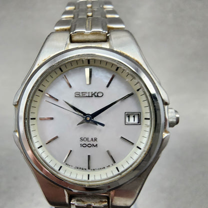 Seiko Solar Watch Women 28mm Mop Silver Tone Date Round V1870ac0 Runs1