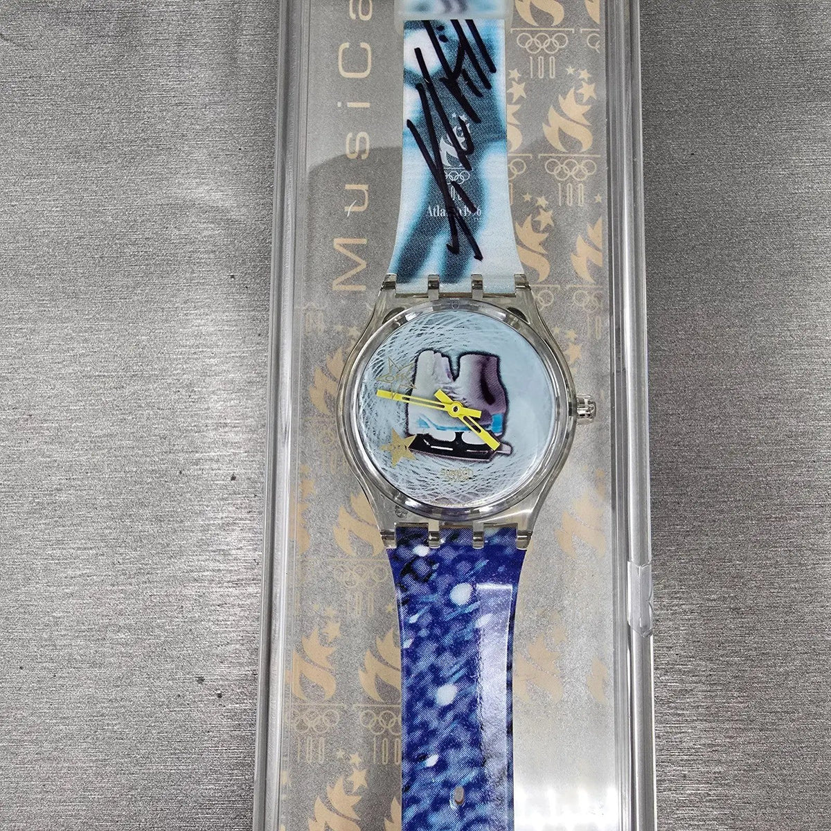 Swatch Musicall Katarina Witt Watch Woman 34mm Blue Dial Clear Case SLZ105 NOS1