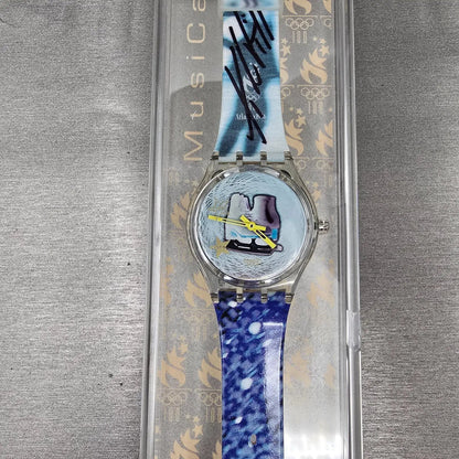 Swatch Musicall Katarina Witt Watch Woman 34mm Blue Dial Clear Case SLZ105 NOS1
