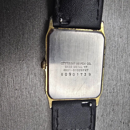 Citizen CQ Tank Watch Men 24mm Gold Dial Gold Tone Rectangle 4031-915267 New Bat10