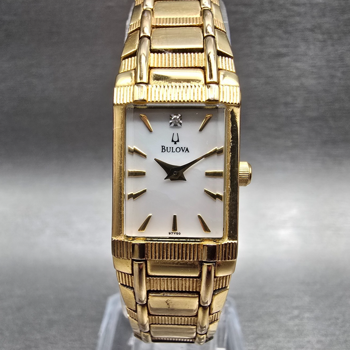 Bulova Tank Watch Women 15mm MOP Dial Gold Tone Rectangle 97Y00 New Battery0