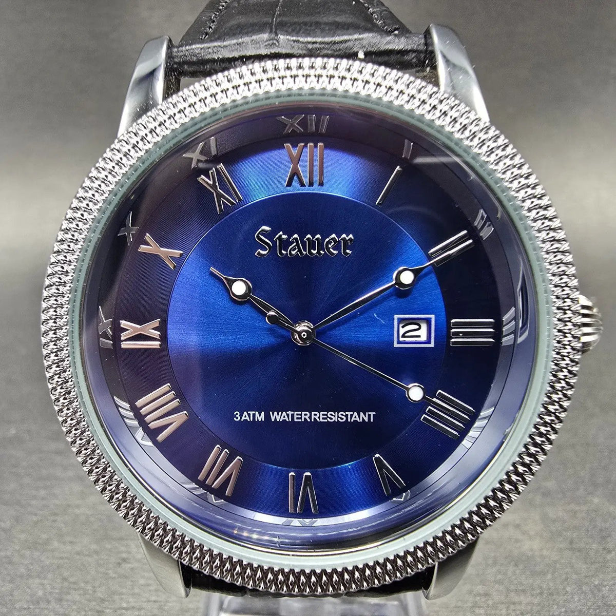 Stauer Urban Watch Men 43mm Blue Dial Silver Tone Date Leather 28997 New battery0