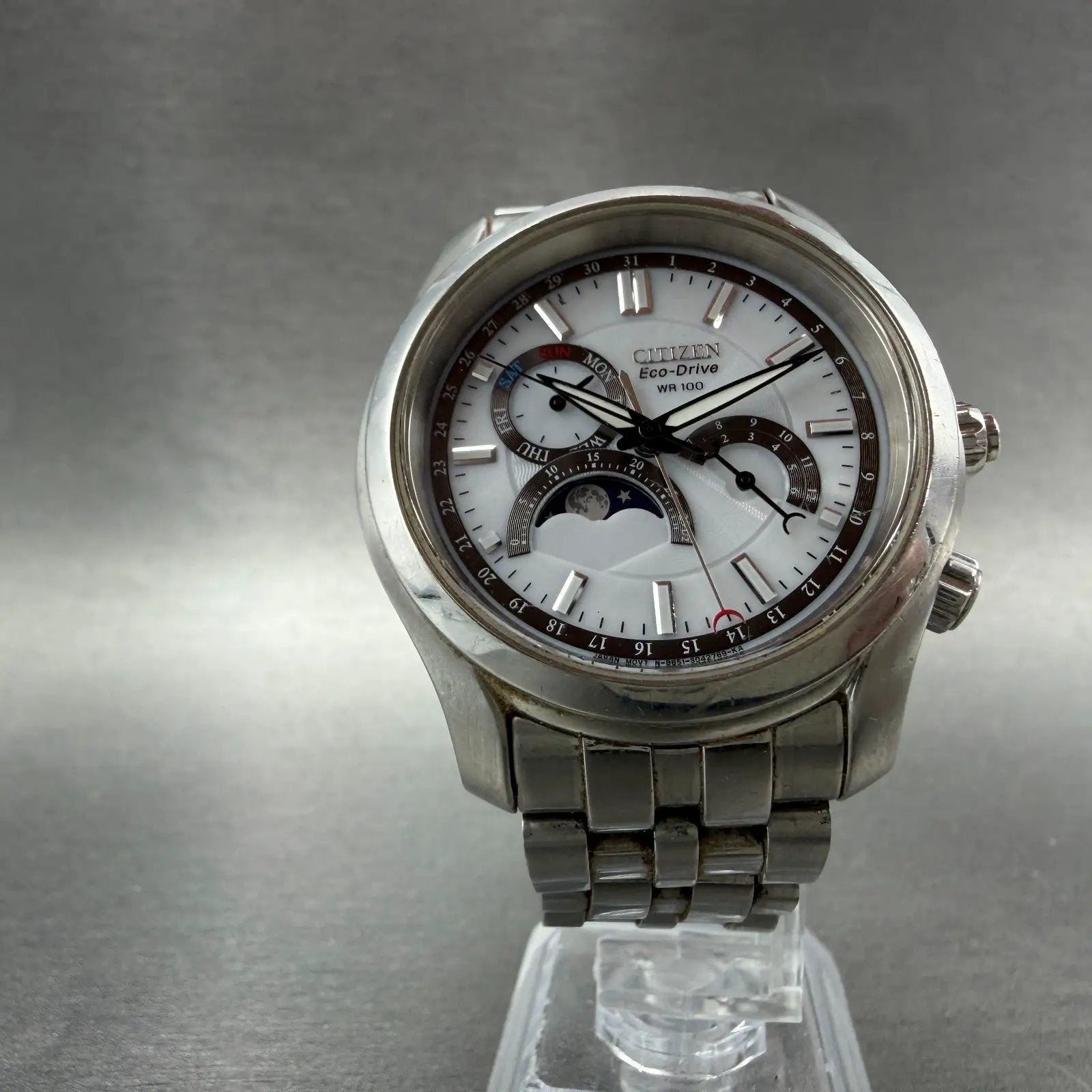 Citizen Eco-Drive Moonphase Watch Men 41mm White Dial Steel Daydate Round Runs5