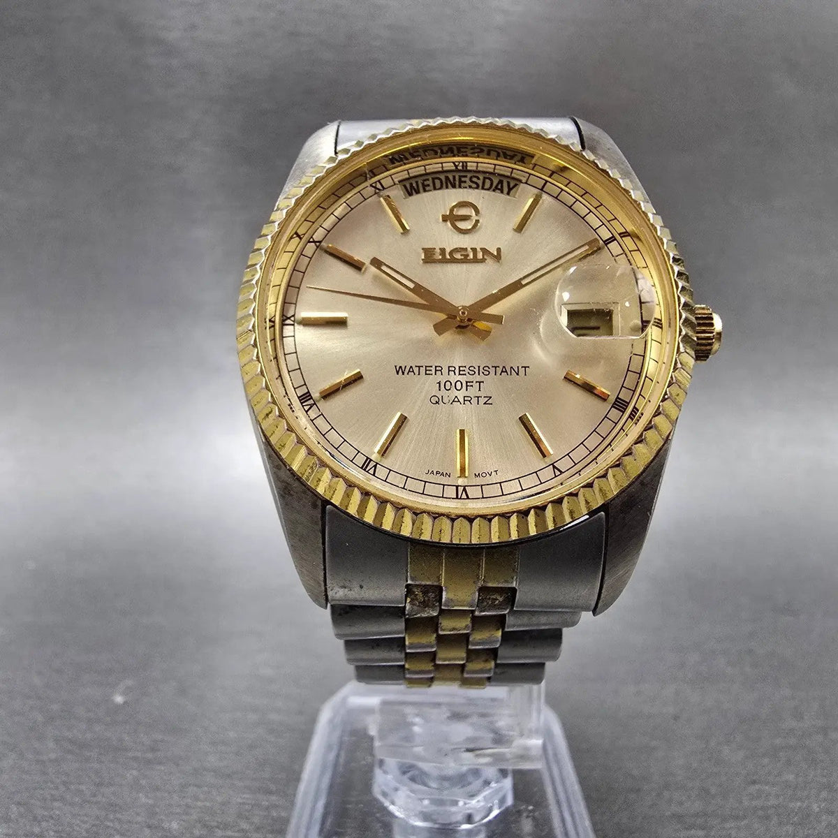 Elgin President Watch Men 38mm Champagne Dial Two Tone Daydate Round New Battery10