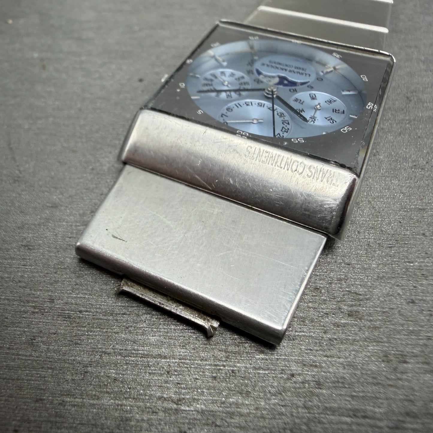 Trans Continents Triple Calendar Moon Phase Watch Men 31mm Blue Dial Steel Runs6