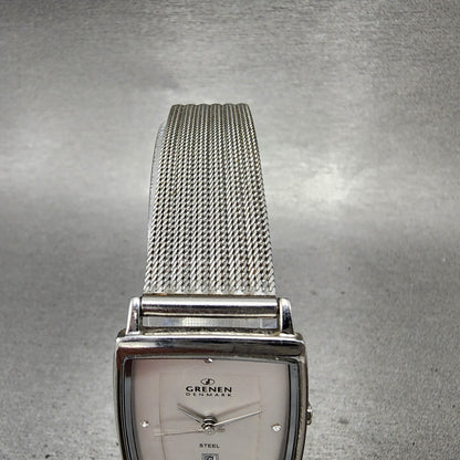 Skagen Grenen Tank Watch Women 23mm Silver Dial Steel Date Rectangle New Battery