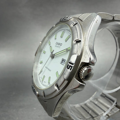 Casio Dive Watch Men 41mm White Dial Silver Tone Date Round MTP-1244 New Batt 9E2