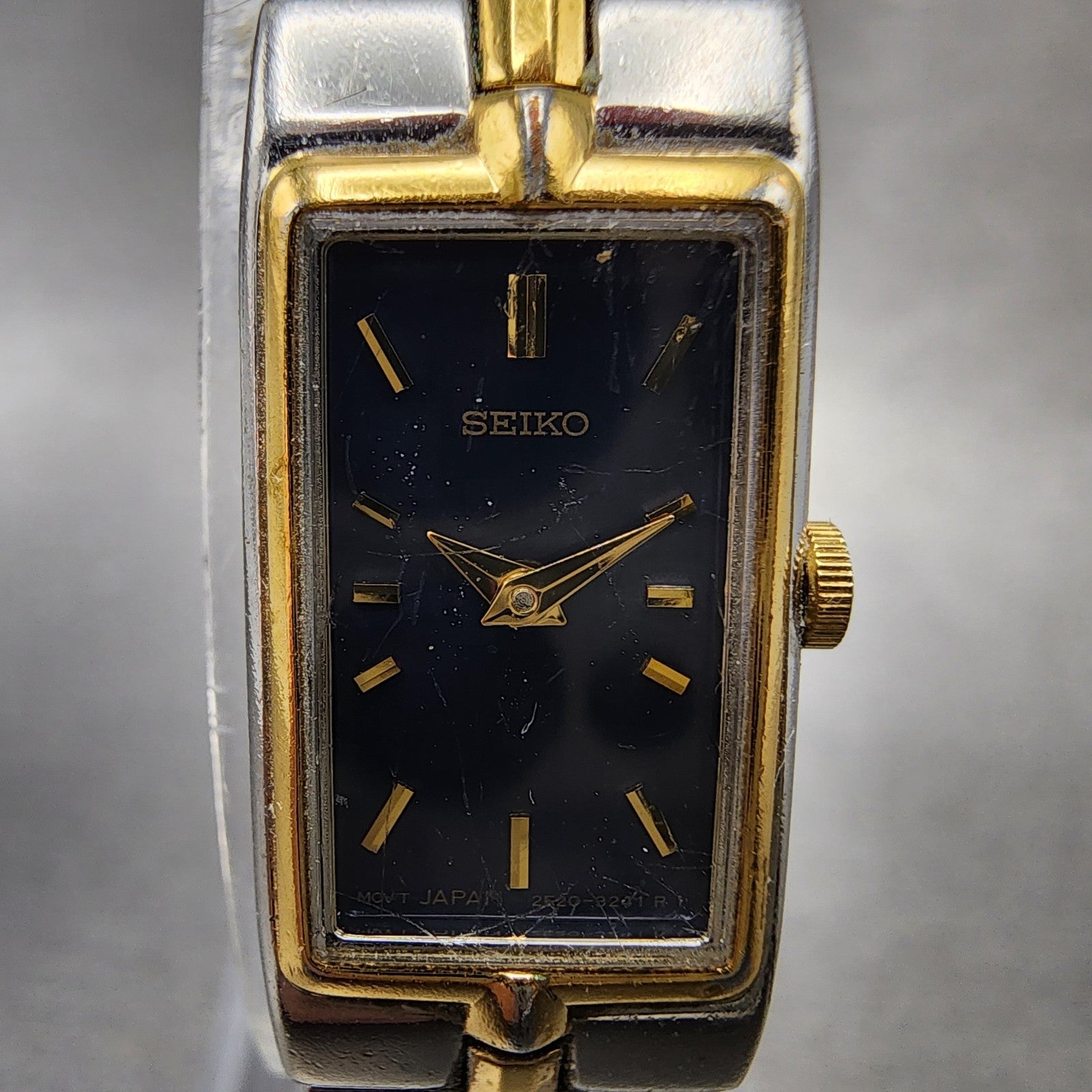 Seiko Tank Watch Women 13mm Blue Dial two Tone Rectangle 2e207479 New Battery1