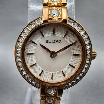 Bulova Crystal Watch Women 22mm MOP Dial Rose Gold Tone Crystal Bezel New Batt1