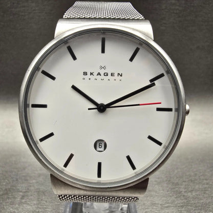 Skagen Ancher Watch Men 40mm White Dial Silver Tone Date Round SKW6052 New Batt1