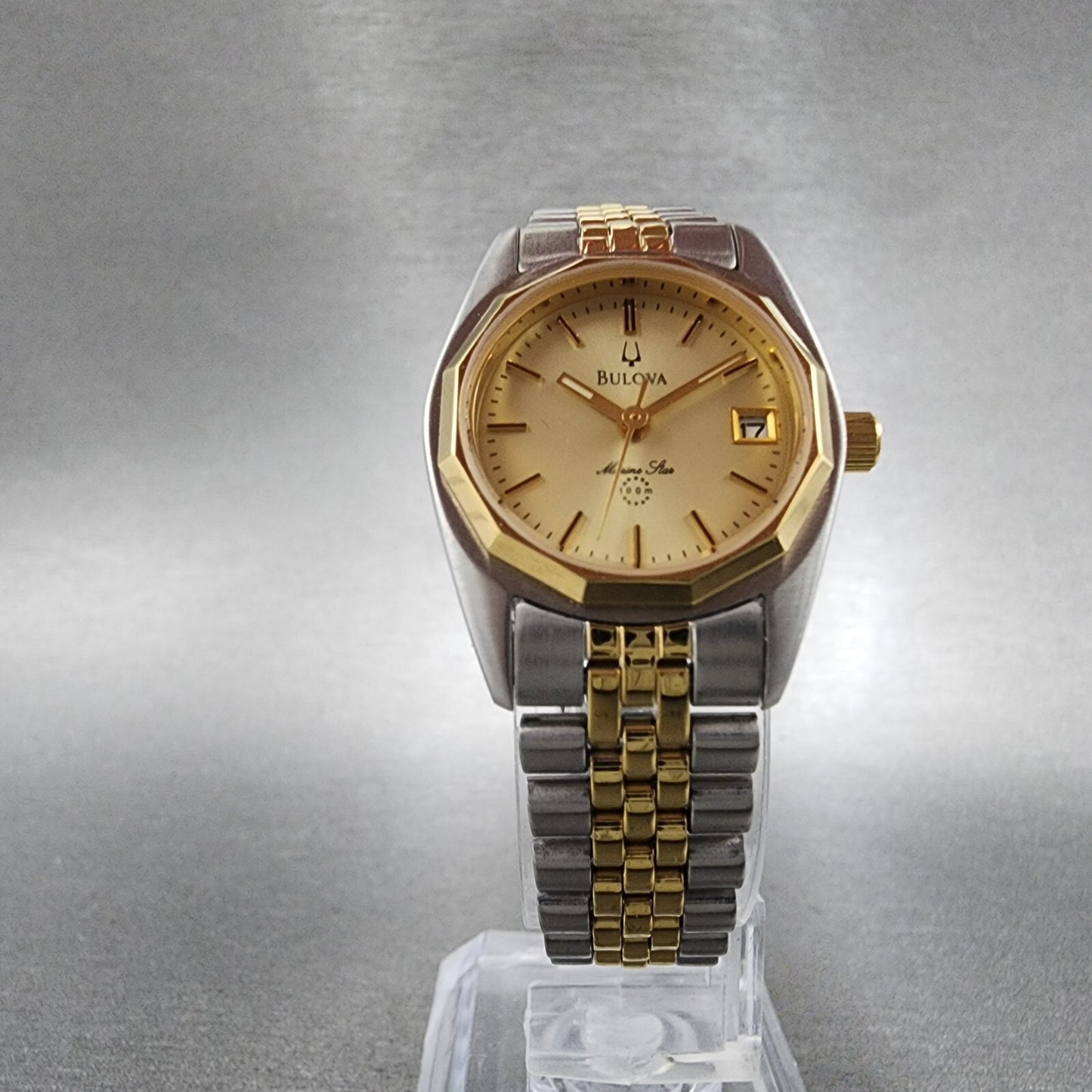 Bulova Marine Star Watch Women 24mm Gold Dial Two Tone Date Round New Battery6