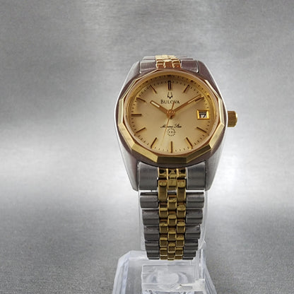 Bulova Marine Star Watch Women 24mm Gold Dial Two Tone Date Round New Battery6