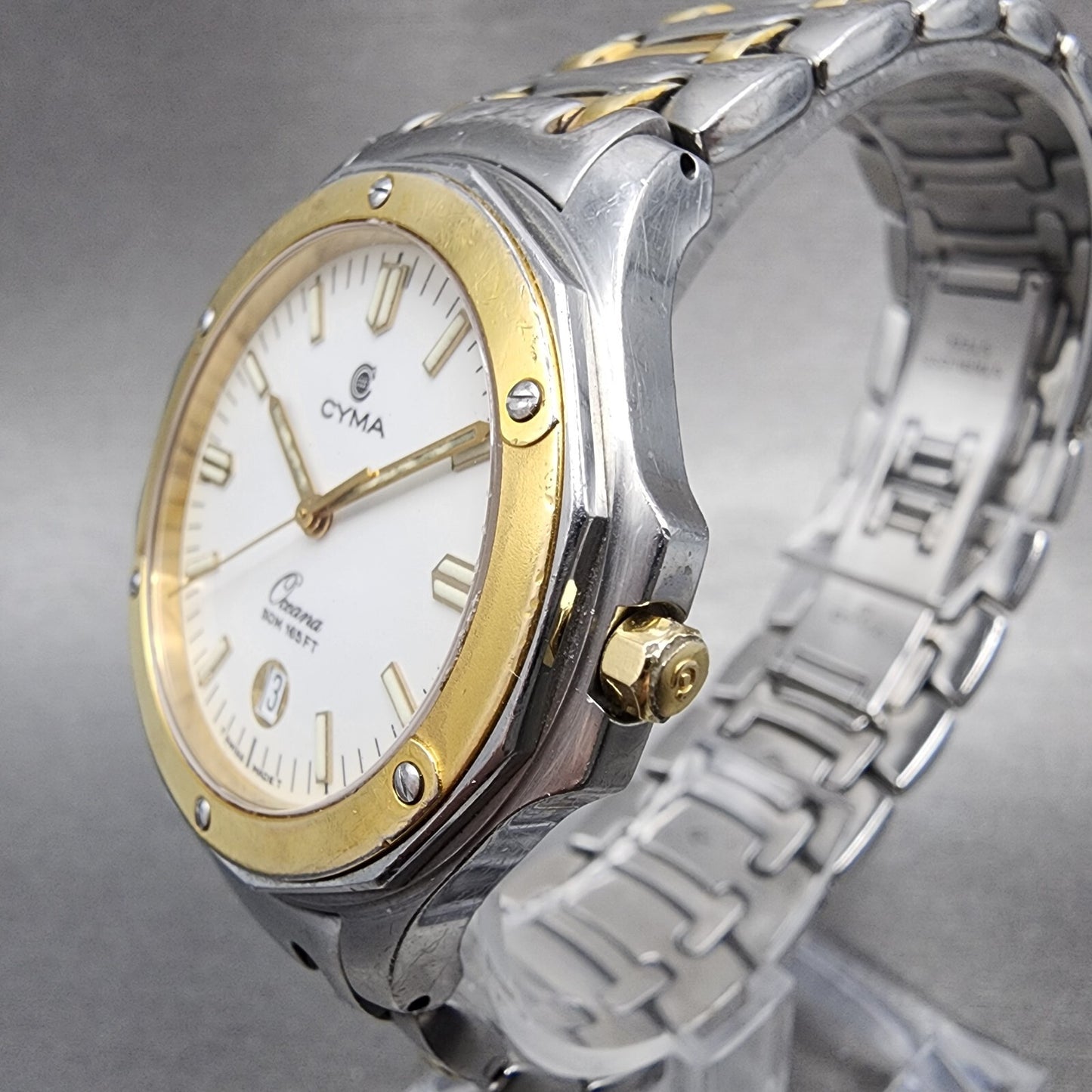 Cyma Oceana Watch Men 36mm White Dial Two Tone Date New Battery