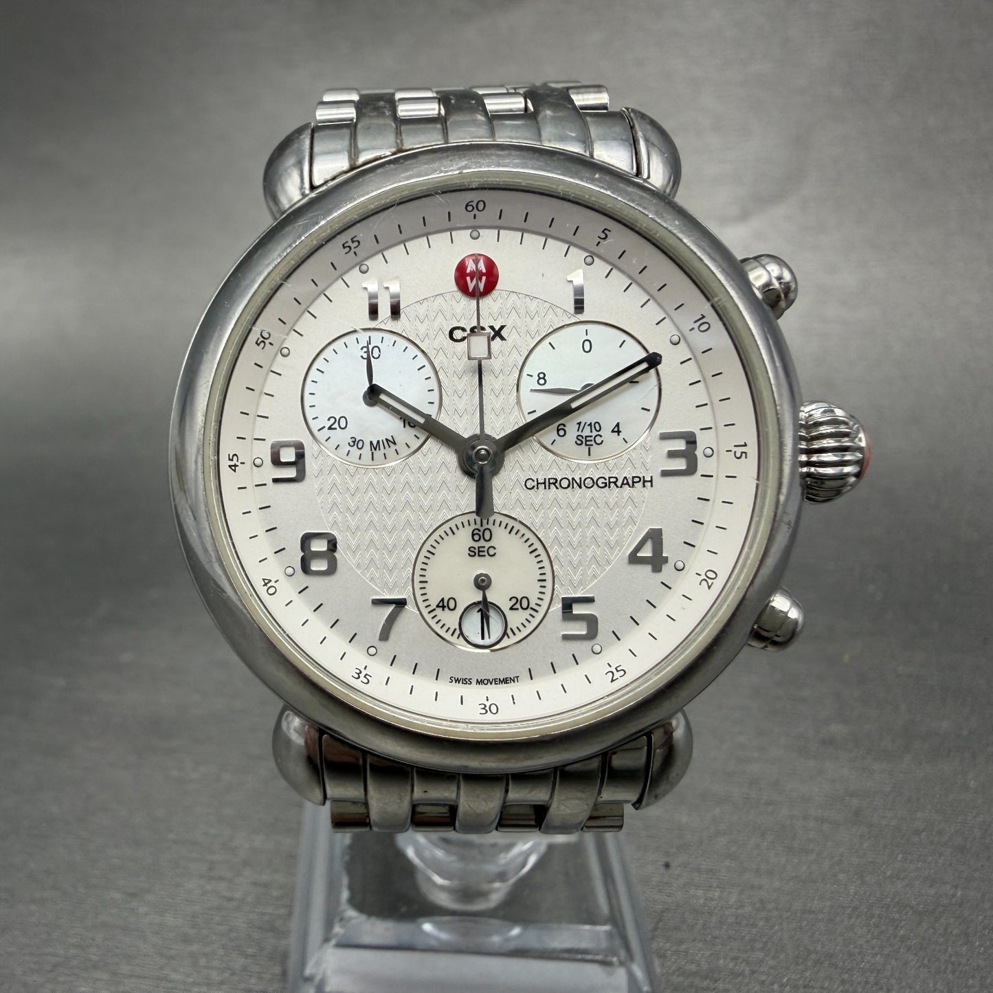 Michele CSX Chronograph Watch Women 39mm White Dial Steel Date Round New Battery0