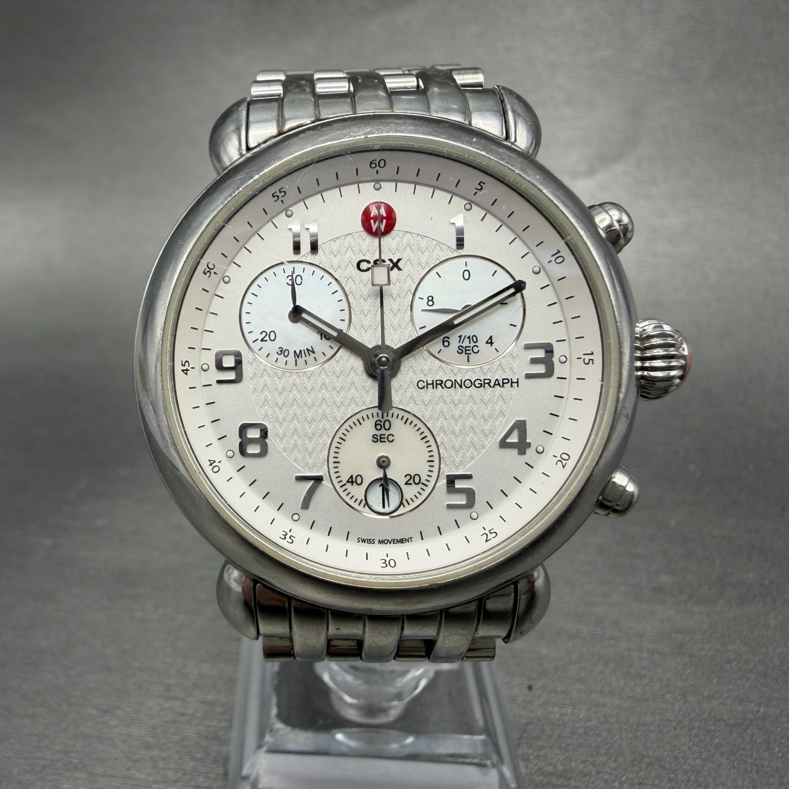 Michele CSX Chronograph Watch Women 39mm White Dial Steel Date Round New Battery0