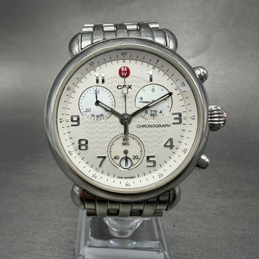 Michele CSX Chronograph Watch Women 39mm White Dial Steel Date Round New Battery0