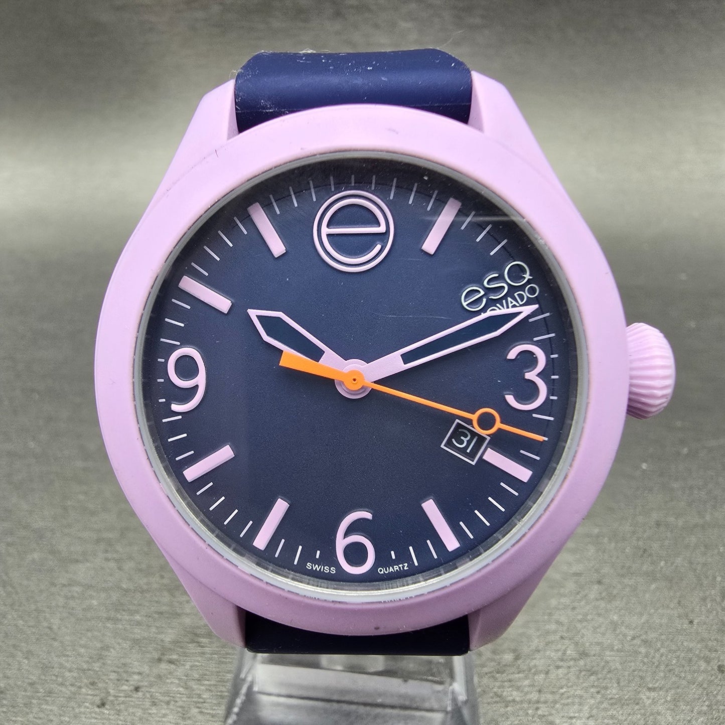 ESQ Movado One Watch Women 42mm Purple Dial Pink Date Round 07301433 New Battery0