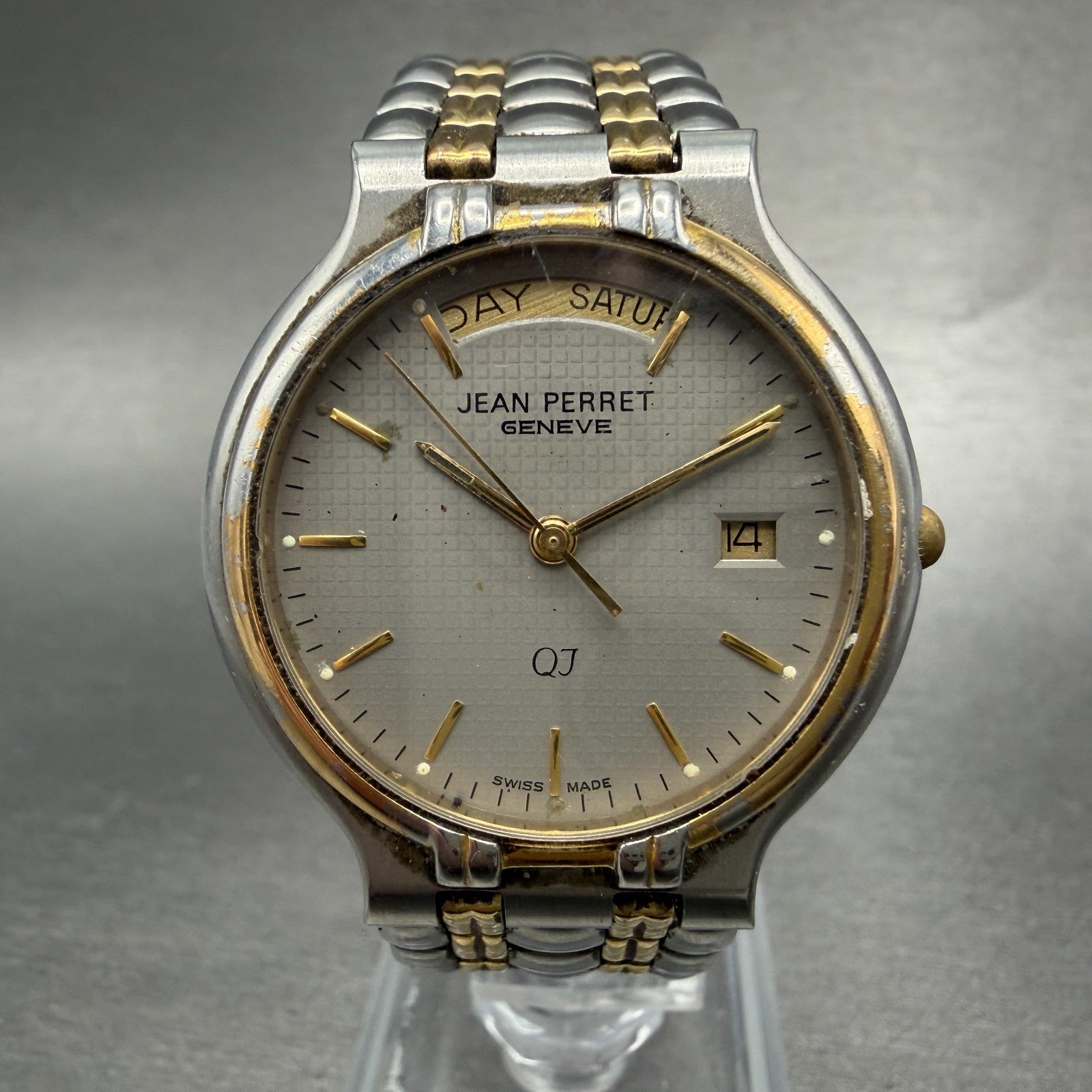 Jean Perret QJ Watch Unisex 33mm Gray Dial Two Daydate Round New Battery0