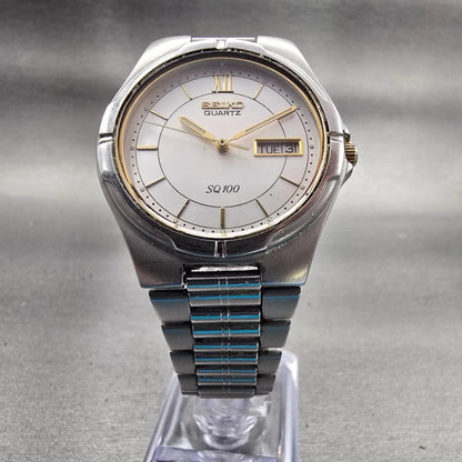 Seiko SQ Watch Men 36mm Silver Dial Silver Tone Daydate Round 5Y23-7029 New Batt6