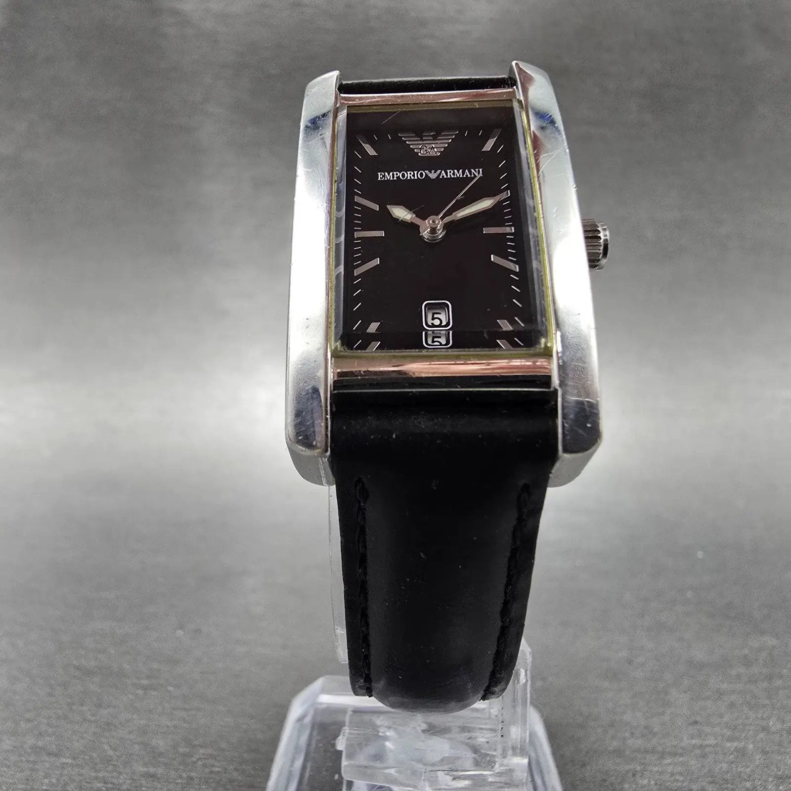 Emporio Armani Tank Watch Women 20mm Black Dial Steel Date AR-0122 New Battery5