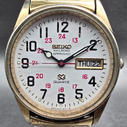 Seiko SQ Railroad Approved Watch Men 34mm White Dial Daydate 8223-8049 New Batt1