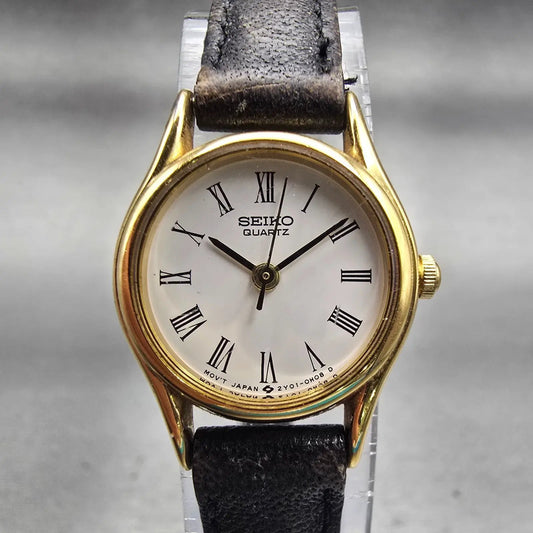 Seiko Watch Women 20mm White Dial Gold Tone Round 2Y01-0A10 New Battery Vintage0