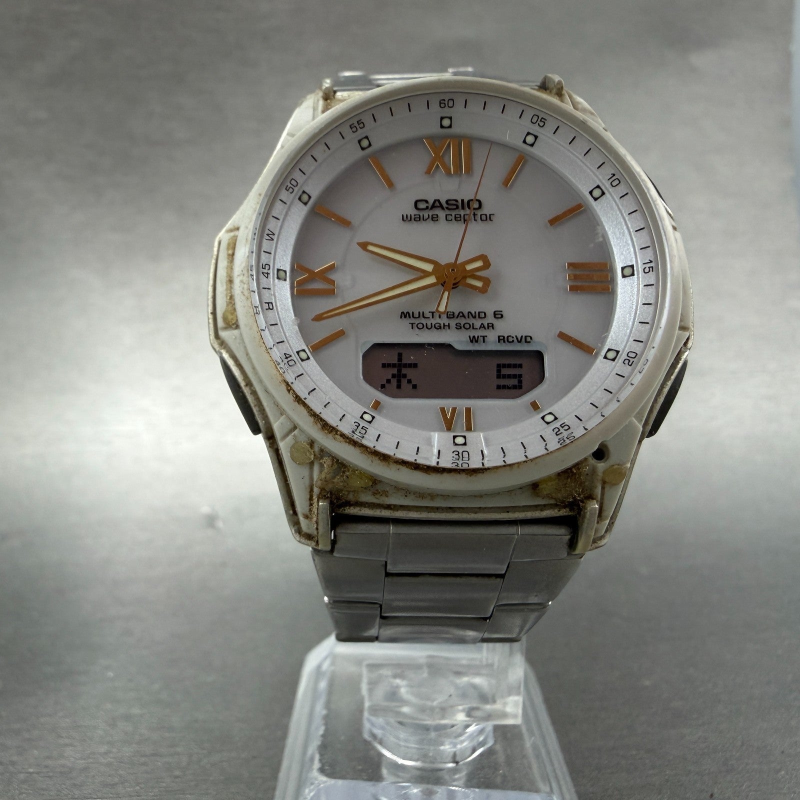 Casio Wave Ceptor Watch Men 42mm White Dial Steel Solar Analog Digital READ Runs5
