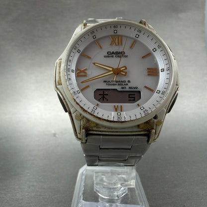 Casio Wave Ceptor Watch Men 42mm White Dial Steel Solar Analog Digital READ Runs5