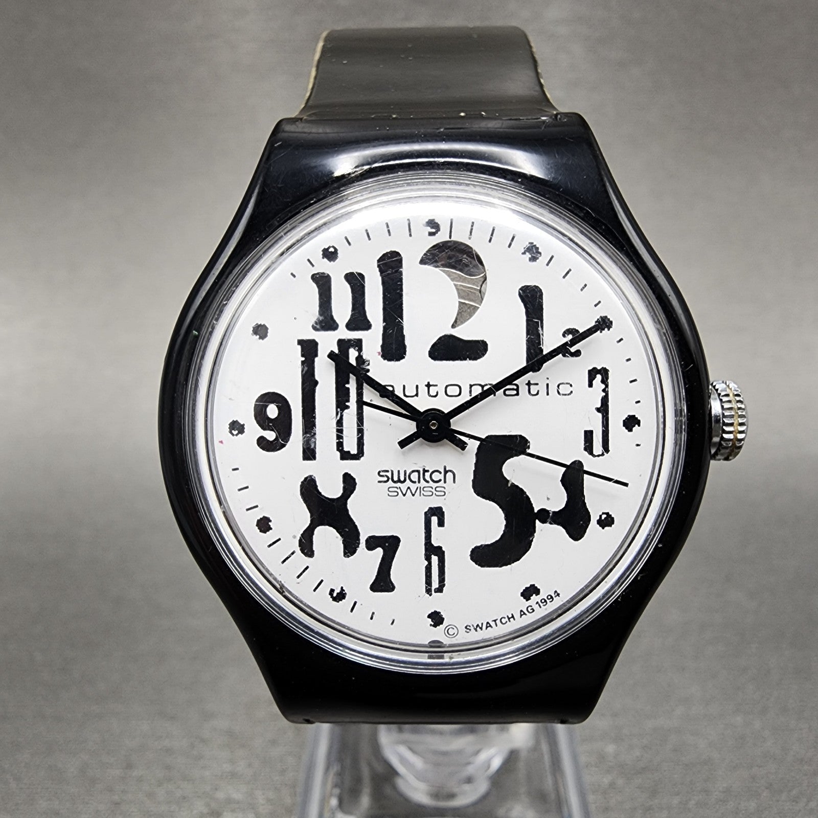 Swatch Blackboard Automatic Watch Men 34mm White Dial Black SAB103 Round Runs0