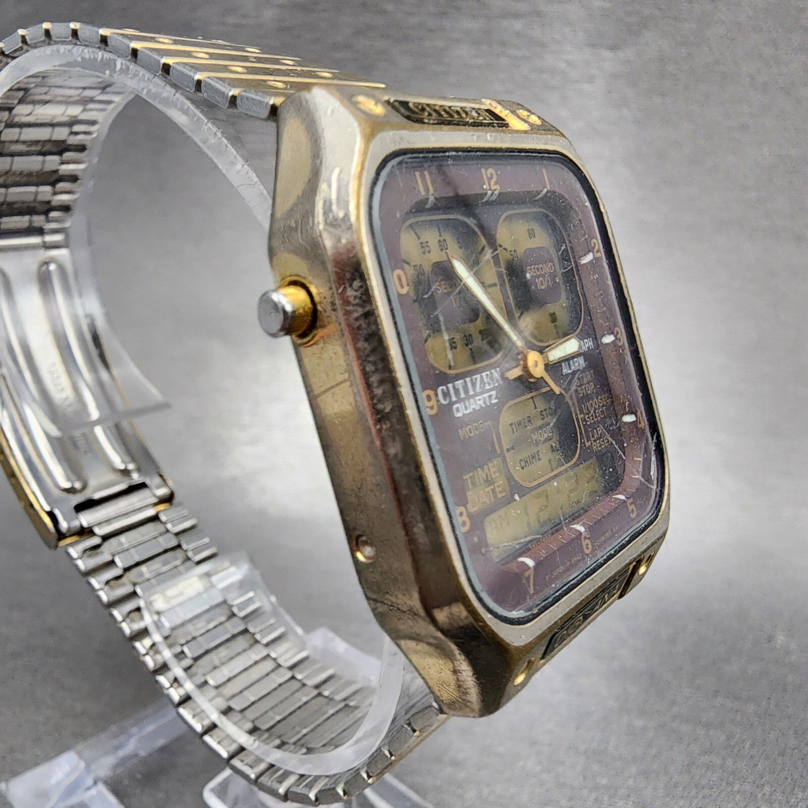 Citizen Robot Space Watch Men 33mm Analog Digital Gold Tone Rectangle READ!!! B14