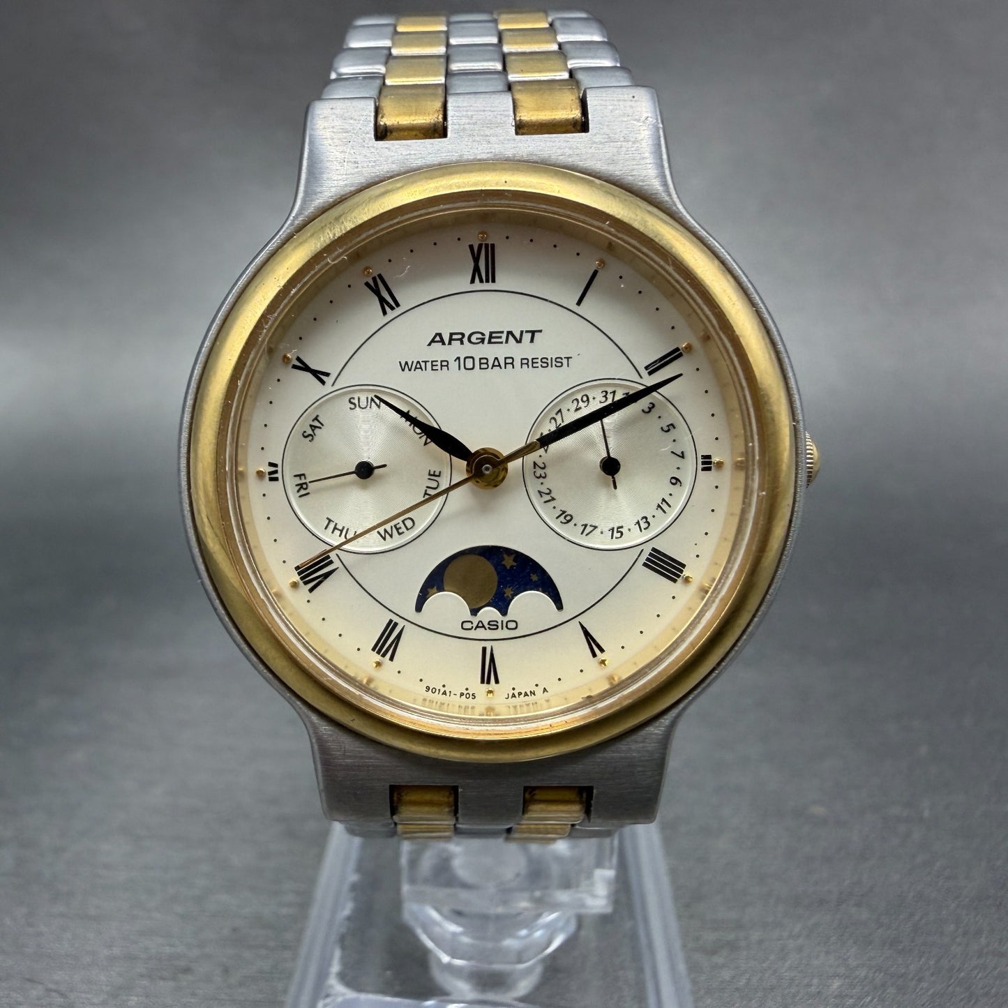 Casio Argent Moonphase Watch Men 34mm White Dial Two Tone Daydate Round New batt0