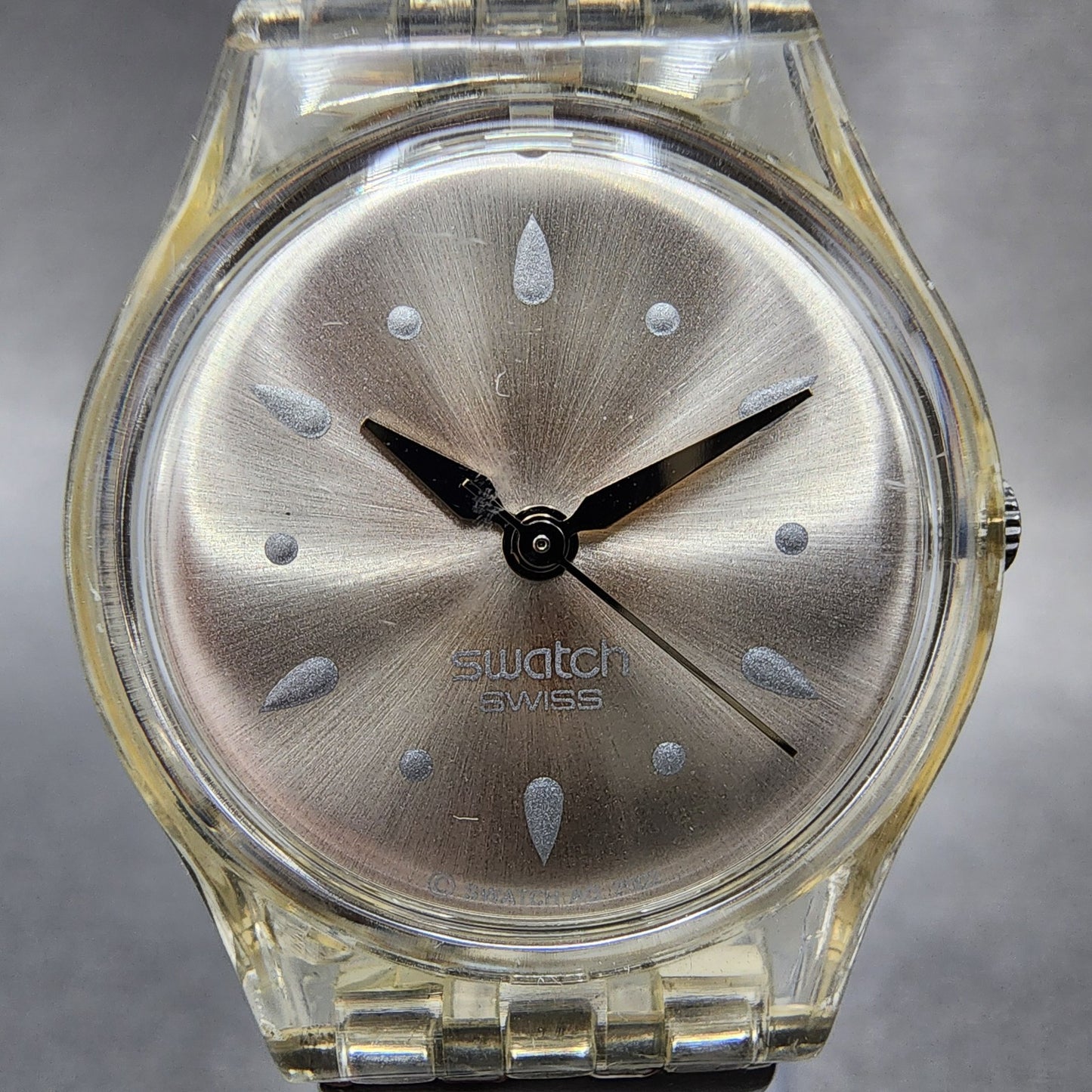 Swatch Watch Women 25mm Silver Dial Clear Case Round New Battery1