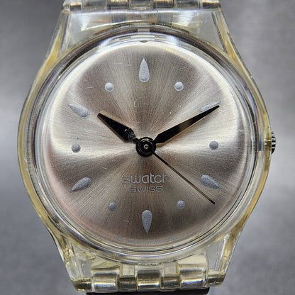 Swatch Watch Women 25mm Silver Dial Clear Case Round New Battery1