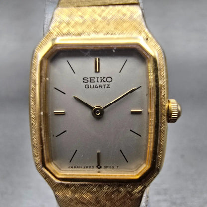 Seiko Watch Women 17mm Silver Dial Gold Tone Rectangle 2P20-5D39 New Battery VTG1