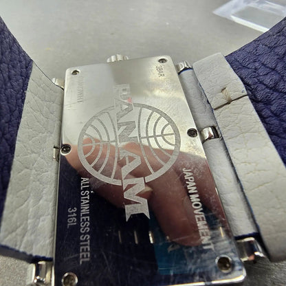 Panam Dual Time Watch Men 56mm Blue Dial Silver Tone Rectangle New Battery11