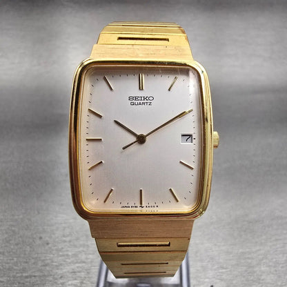 Seiko Watch Men 26mm White Dial Gold Tone Date Rectangle 5Y32-5A09 New Battery0