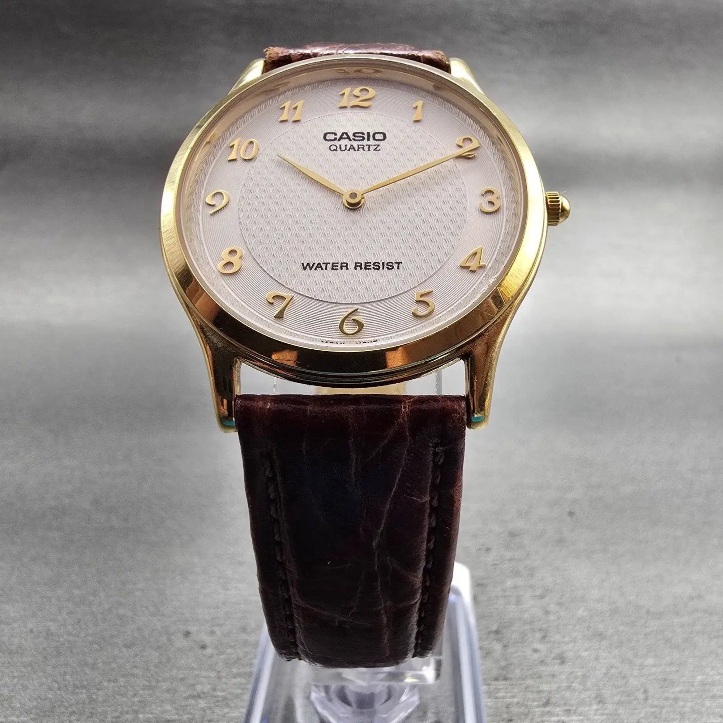 Casio Watch Men 34mm White Dial Gold Tone Round Leather Band MTP-1080 New Batt5
