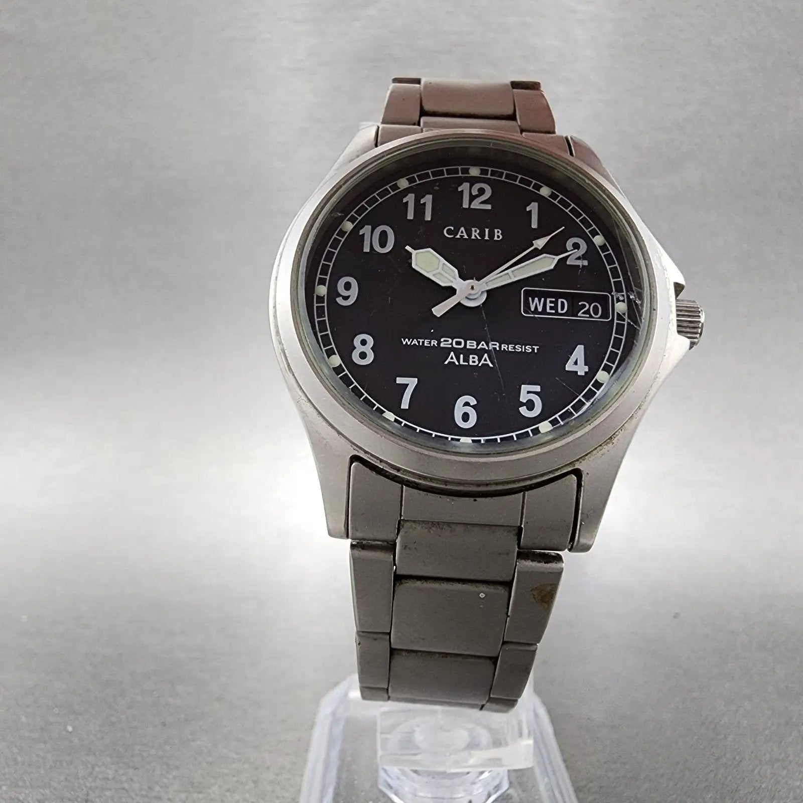 Seiko Alba Carib Watch Men 36mm Black Dial Silver Tone Daydate V743-8000 New Bat5