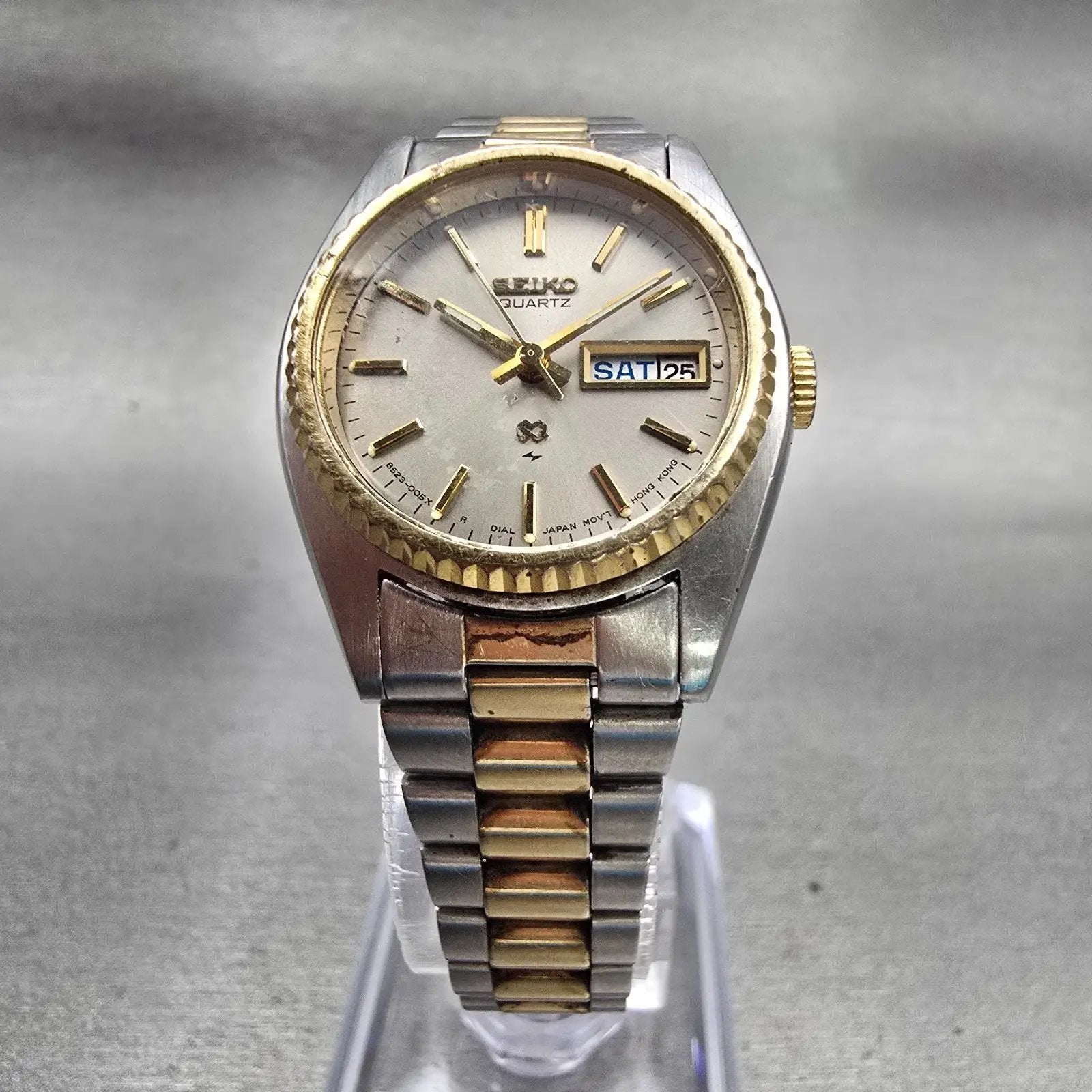 Seiko SQ Watch Women 24mm Silver Dial Two Tone Daydate Round 8523-0050 New BattF5