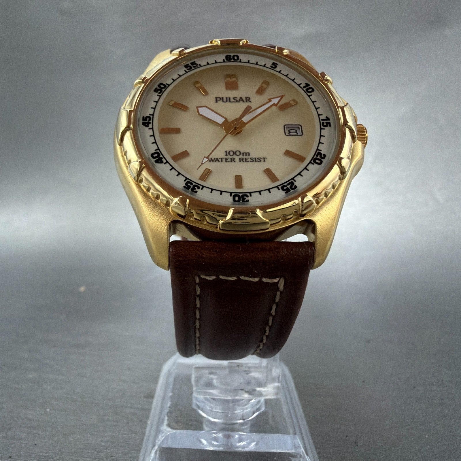 Pulsar Dive Watch Men 39mm Cream Dial Gold Tone Date V732-0E00 SAMPLE PARTS6