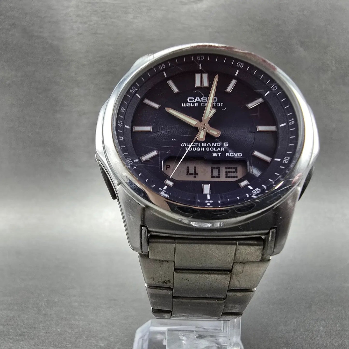 Casio Wave Ceptor Watch Men 42mm Blue Dial Steel Solar Alarm Daydate WVA-M6305