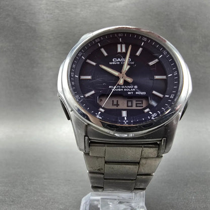 Casio Wave Ceptor Watch Men 42mm Blue Dial Steel Solar Alarm Daydate WVA-M6305