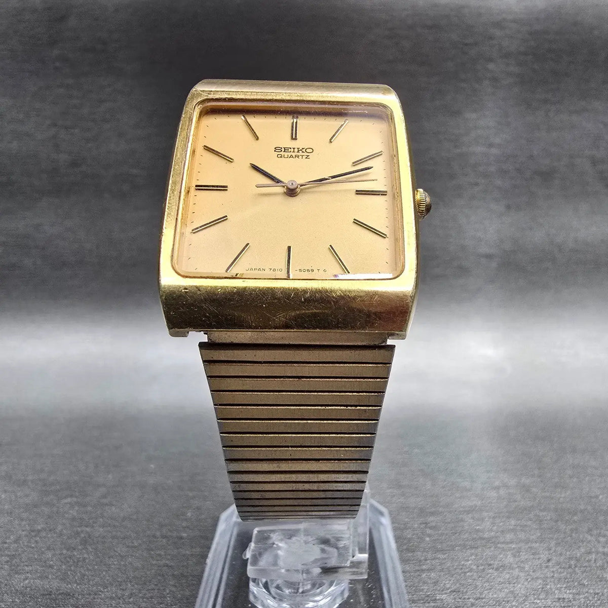 Seiko Watch Men 28mm Gold Dial Gold Tone Rectangle 7810-5059 New Battery VTG5
