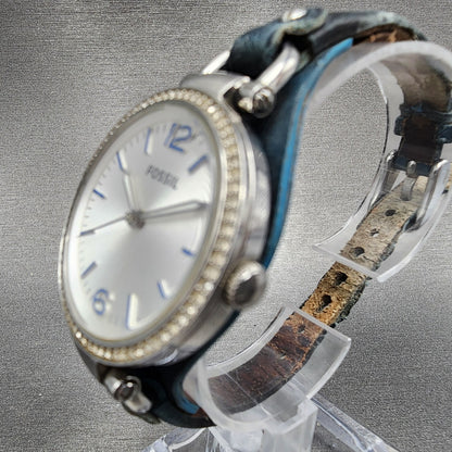 Fossil Georgia Watch Women 32mm Silver Dial Silver Tone Crystal Bezel New Batt