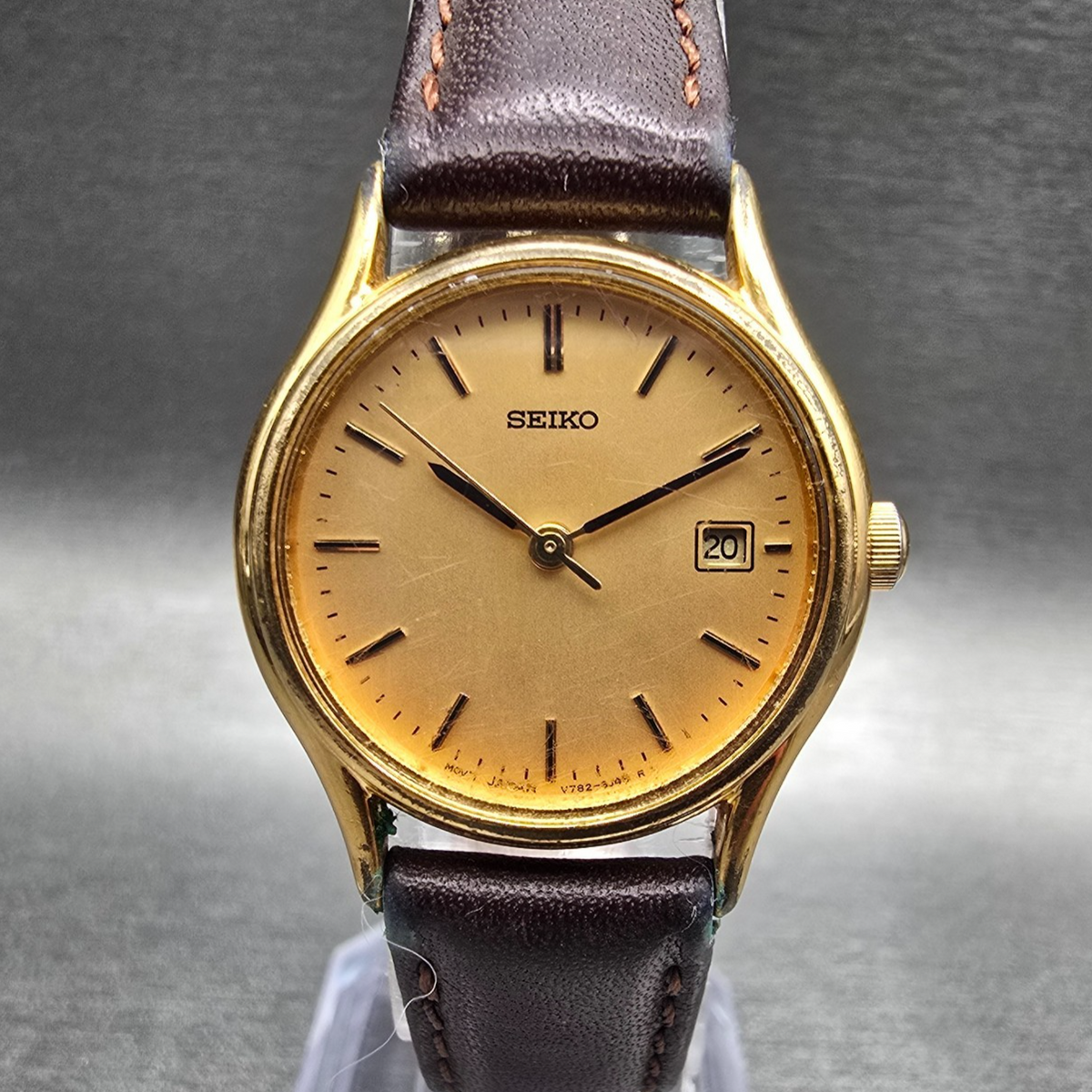 Seiko Watch Women 25mm Gold Dial Gold Tone Date Round V782-6E50 New Battery JP0