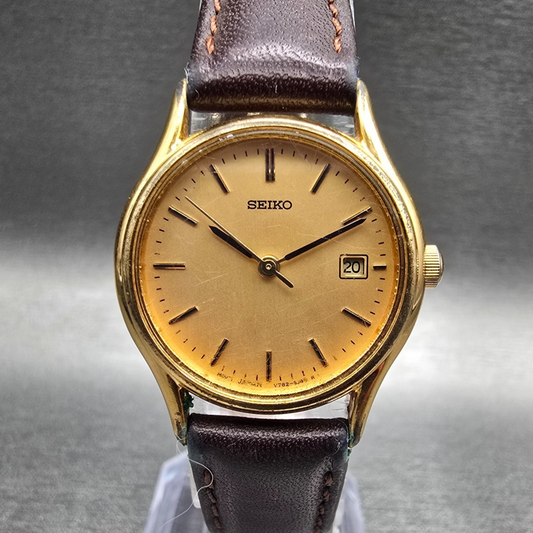 Seiko Watch Women 25mm Gold Dial Gold Tone Date Round V782-6E50 New Battery JP0