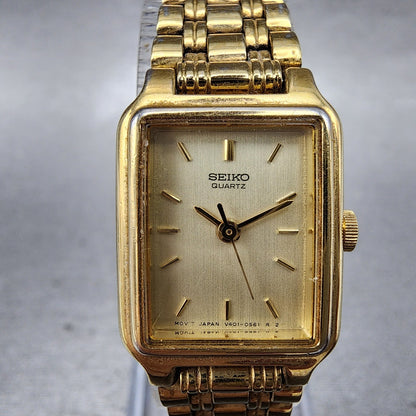 Seiko Tank Watch Women 18mm Champagne Dial Gold Tone Rectangle V4015129 New Bat1