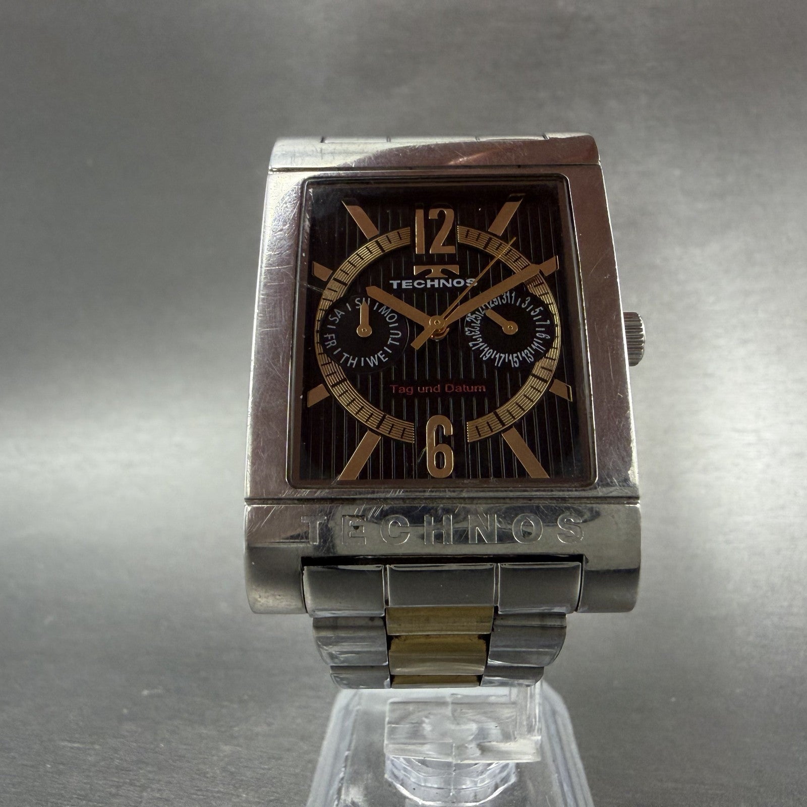 Technos Watch Men 32mm Black Dial Two Tone Daydate Rectangle T2046 New Battery5