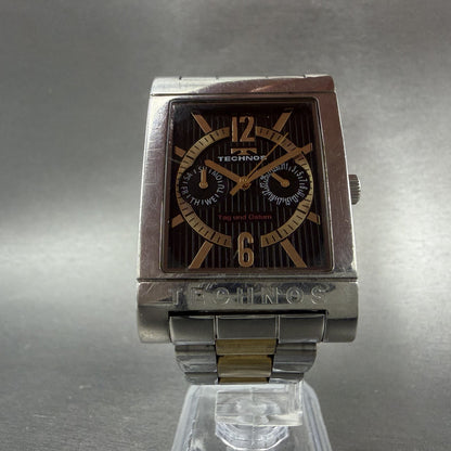 Technos Watch Men 32mm Black Dial Two Tone Daydate Rectangle T2046 New Battery5
